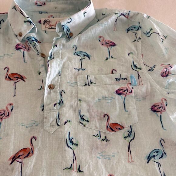 CHUBBIES SHIRT MENS LRG COTTON SS LT BLUE BUTTON CASUAL FLAMINGO TROPICAL HAWAII - Picture 3 of 13